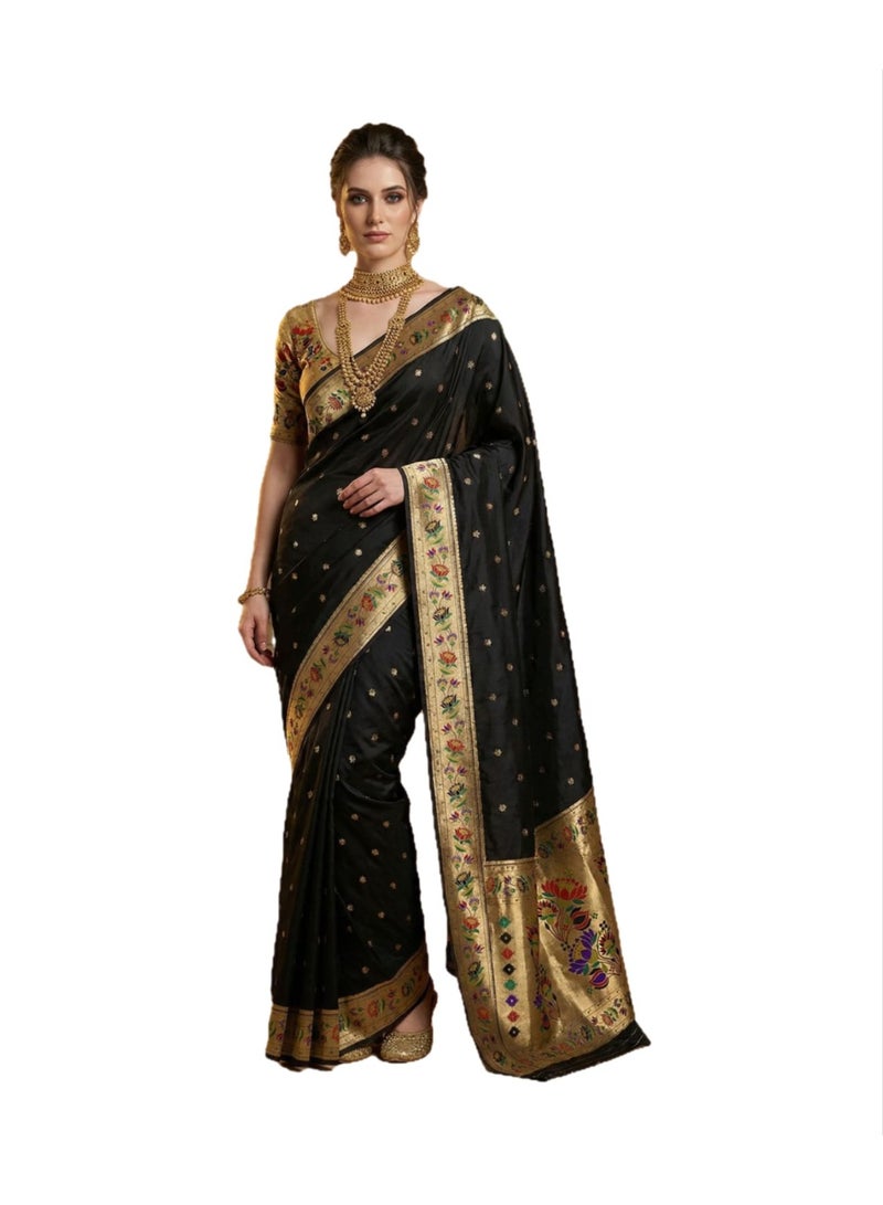 Grab Mantra Black Silk Saree With Golden Paithani Design Border And Pallu Plus Unstitched Blouse - Image 1